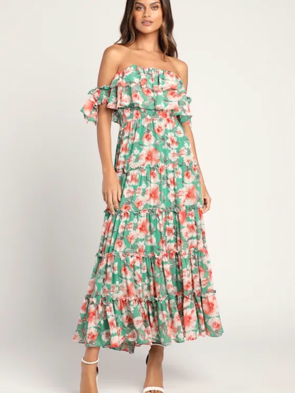 Lulus Chance For Us Green Floral Off Shoulder Ruffled Maxi Dress